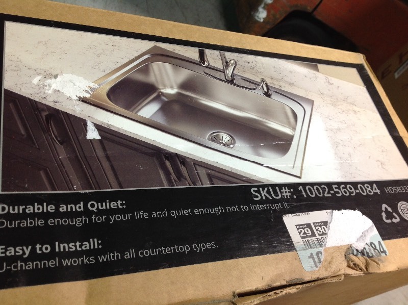 lot 103 image: Elkay Pergola Drop-In Stainless Steel 33 in. 4-Hole Single Bowl Kitchen Sink in good conditions