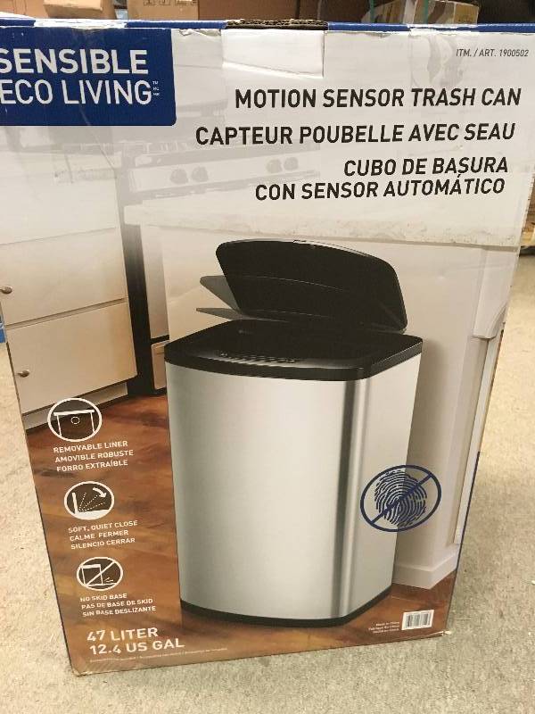 lot 2 image: EKO 47L12.4G Fingerprint-Resistant Stainless Steel Motion Sensor Trash Can in good condition