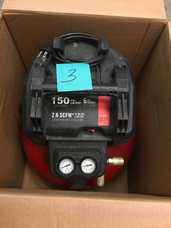 lot 3 image: Porter-Cable 6 Gal. 150 PSI Portable Electric Pancake Air Compressor in good condition