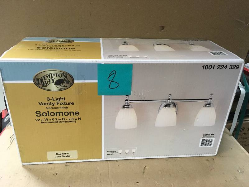 lot 8 image: Hampton Bay Solomone 3-Light Polished Chrome Vanity Light with Opal Glass Shades not used