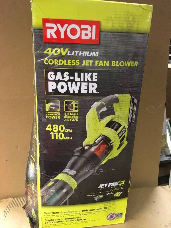 lot 41 image: RYOBI 110 MPH 480 CFM Variable-Speed 40-Volt Lithium-Ion Cordless Jet Fan Leaf Blower - 3.0 Ah Battery and Charger Included in good condition