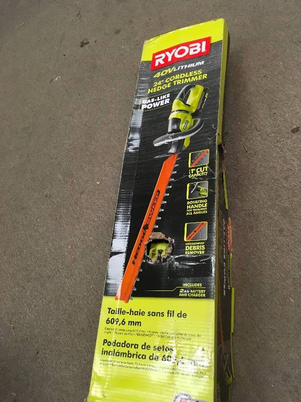 lot 50 image: RYOBI 24 in. 40-Volt Lithium-Ion Cordless Hedge Trimmer with 2 Ah Battery and Charger Included in good condition