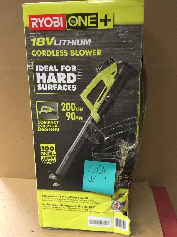 lot 69 image: RYOBI ONE 90 MPH 200 CFM 18-Volt Lithium-Ion Cordless Leaf Blower - 2.0 Ah Battery and Charger Included in good condition