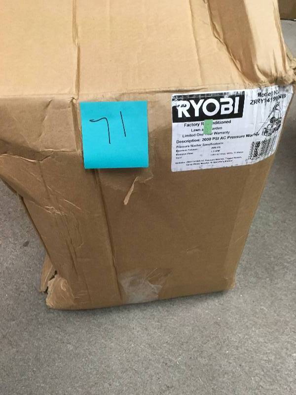 lot 71 image: RYOBI Reconditioned 2,000 PSI 1.2 GPM Electric Pressure Washer in good condition