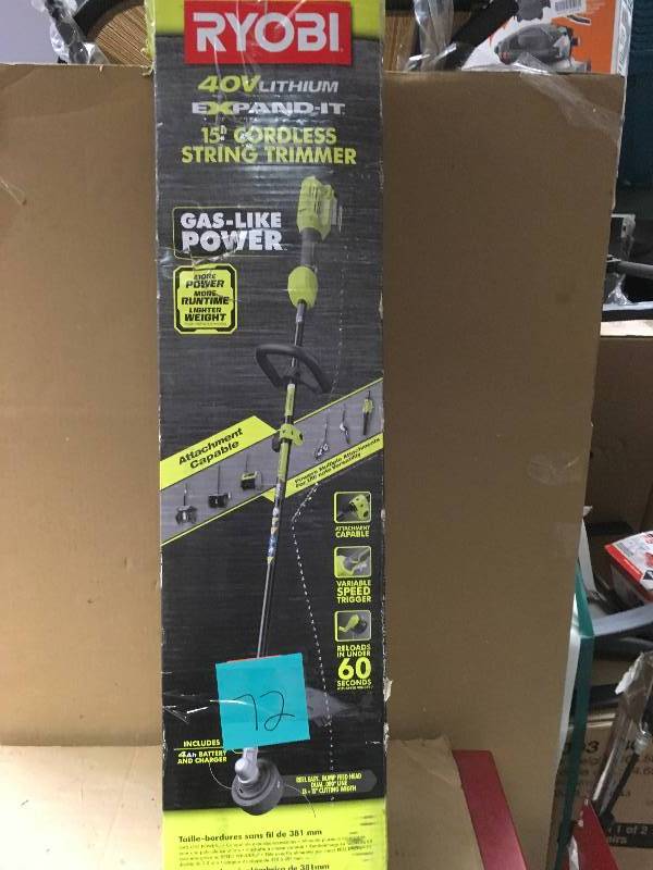 lot 72 image: RYOBI 40-Volt Lithium-Ion Cordless Attachment Capable String Trimmer, 4.0 Ah Battery and Charger Included in good condition