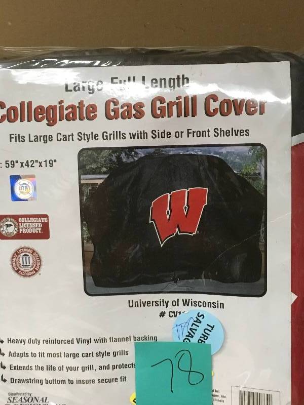 lot 78 image: Seasonal Designs 59 in. NCAA Wisconsin Grill Cover in good condition