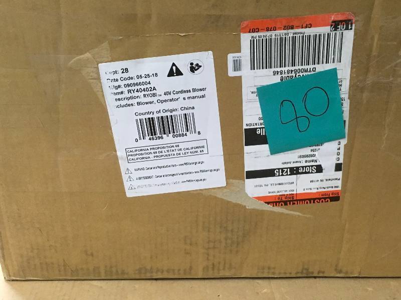 lot 80 image: RYOBI 155 MPH 300 CFM 40-Volt Lithium-Ion Cordless Jet Fan Leaf Blower - Battery and Charger Not Included in good condition