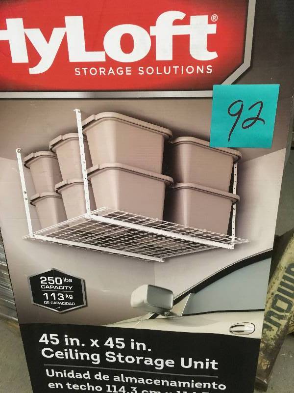 lot 92 image: HyLoft 45 in. W x 45 in. D Garage Ceiling Mount Storage Unit in White not used