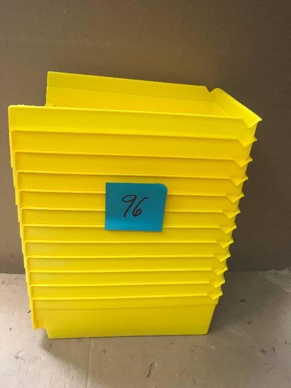 lot 96 image: Edsal 22 in. H x 35 in. W x 12 in. D Heavy Duty Gray Steel Pick Rack with 12 Yellow Plastic Bins in good condition