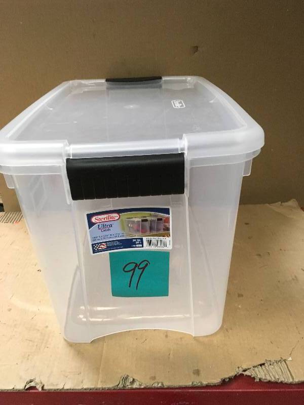 lot 99 image: Sterilite 30 Qt. Latch Storage Box in good condition