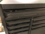 lot 112 image: Husky Industrial 52 in. 9-Drawer Cabinet Tool Chest in Textured Black used in working conditions whit scratches and door need help to close in open