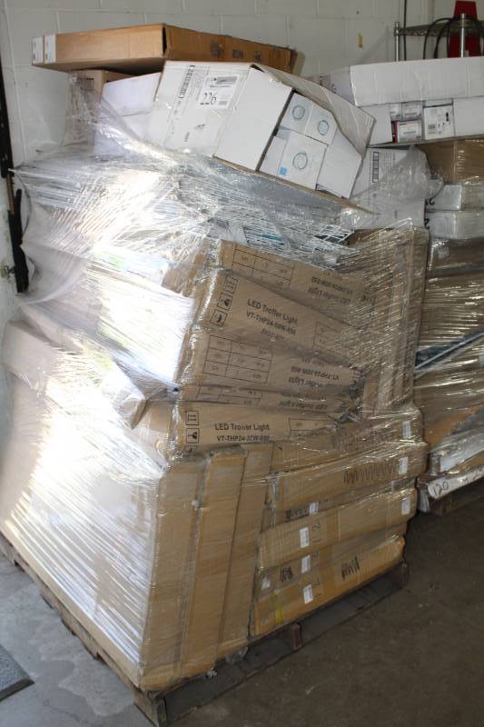 lot 226 image: Lot of (22) LED Troffer Lights VT-THP24-50W-850, LED Lighting Lumena A-Lamp 9W 120V 30K, TCP 2700K Bulbs, Satco 40W Bulbs, LED Torpedo 3W Bulbs, Feit Electric Eternalite Night Light C7LED Candelabra White