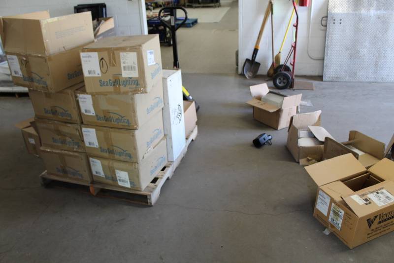 lot 227 image: Lot of (21) Sea Gull Lighting 60W Light Fixture, Sea Gull Lighting 100W  Light Fixtures, LiFud LED Driver, Emium LED Panel Fixture, Sea Gull Lighting 100W Outside Light Fixtures