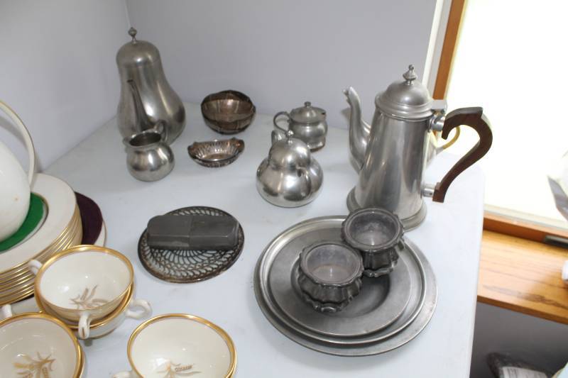lot 168 image: Pewter Set - Plates, Cups, Pitchers, Serving Bowls