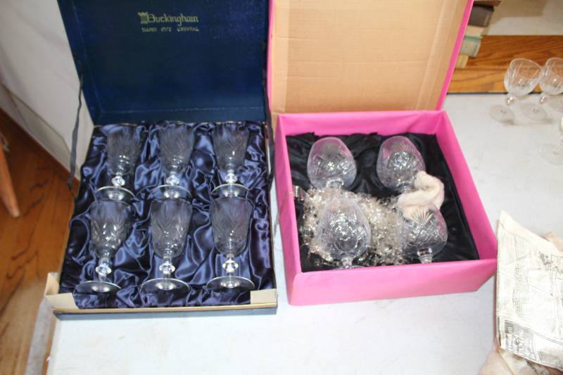 lot 156 image: Buckingham Hand Cut Crystal 6-Piece Stemware with Case, 4-Piece Fancy Glasses with Case