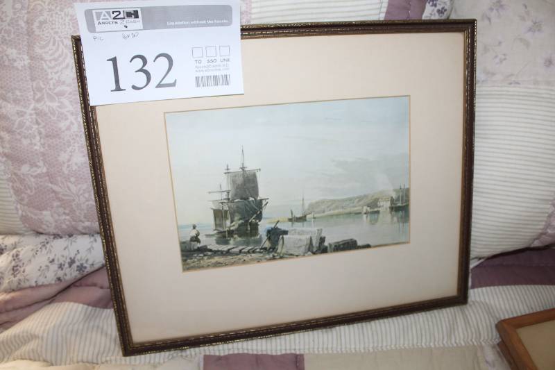 lot 132 image: Sailboat at Shore Framed Matted Wall Art