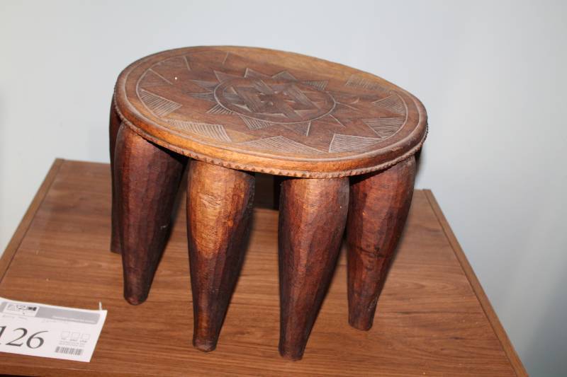 lot 127 image: Wood Stool with Decorative Carved Seat and Ten Legs