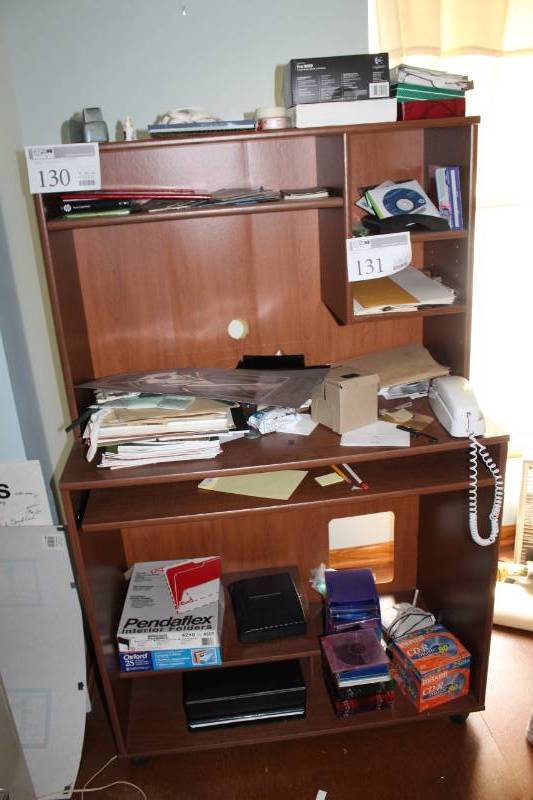 lot 130 image: Wood Computer Desk with Pull-Out Keyboard Tray, Bookcase
