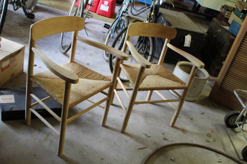 lot 82 image: Lot of (2) A.L. Shaver & Sons, Inc. Ladder Back Wood Chairs with Wicker Seats