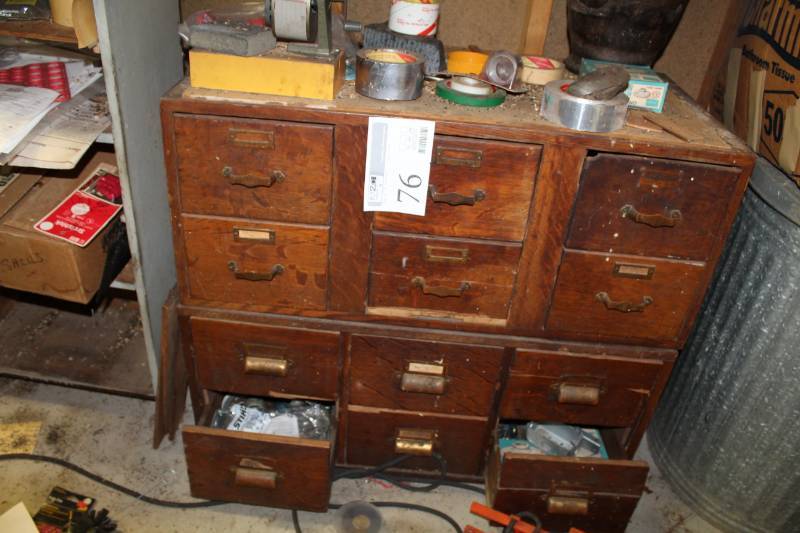 lot 76 image: Cabinet with Contents - Leviton Pull-Chain Surface Lampholders, Staples, Electric Sockets and Faceplates, Wire