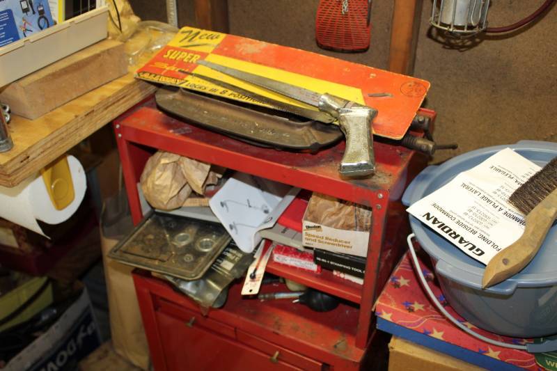 lot 71 image: Hand Saws, C-Clamps, Speed Reducer and Screwdriver, Starrett Radius Gage No. 279, 5-Piece Shank High Speed Steel, And More