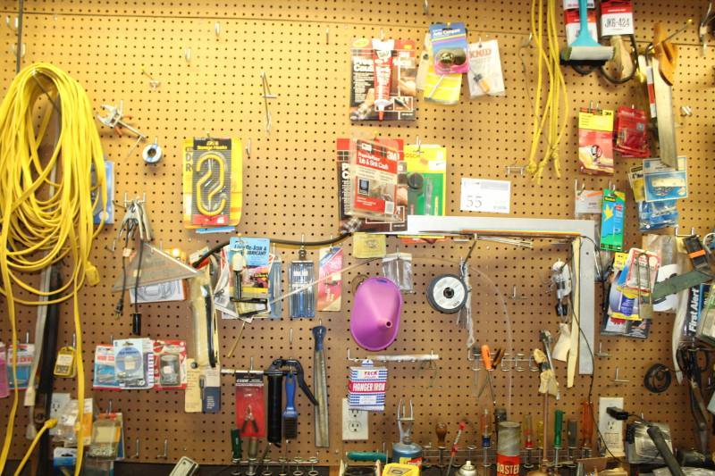 lot 55 image: Extension Cords, Ceiling Hooks, Miter Saw, Screws, Washers, Battery Clips, Screwdrivers, Padlock, Square, And More