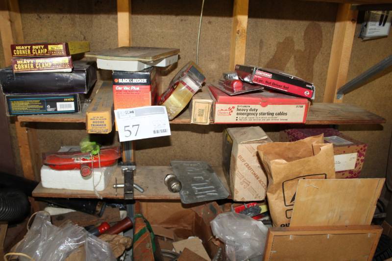 lot 57 image: Corner Clamps, Hedge Trimmer Attachment, Black&Decker Car Vac Plus, Sears Heavy Duty 12ft. Starter Cables, Craftsman 12-Piece Nut Driver Set, And More