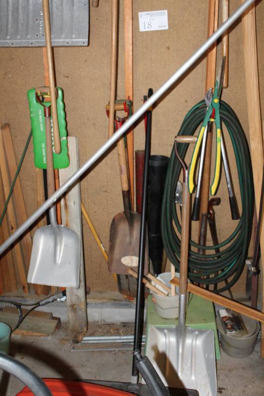 lot 18 image: Yard Tools, Shovels, Rakes, Garden Hose, Loppers, Knee Pad, Push Broom