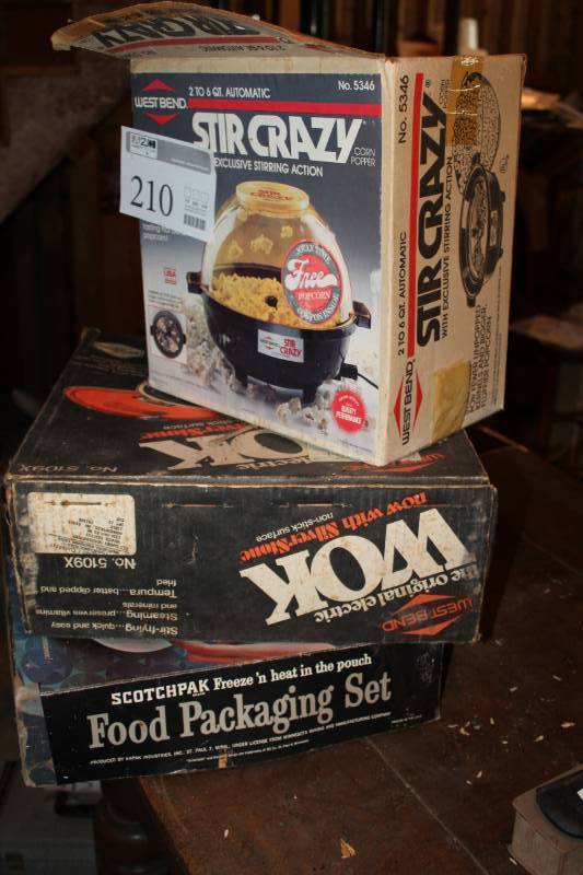 lot 210 image: Lot of (3) Stir Crazy Popcorn Popper, West Bend Electric Wok, Scotchpak Freeze n Heat Food packaging Set