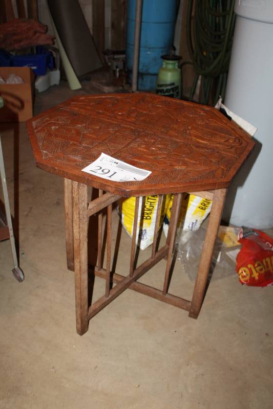 lot 291 image: Wood Hexagon Side Table with Decorative Carved Top