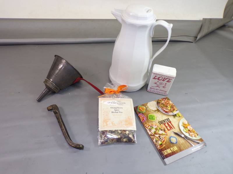 lot 67 image: Carafe, Cast stove handle, Love tin, Tea set etc