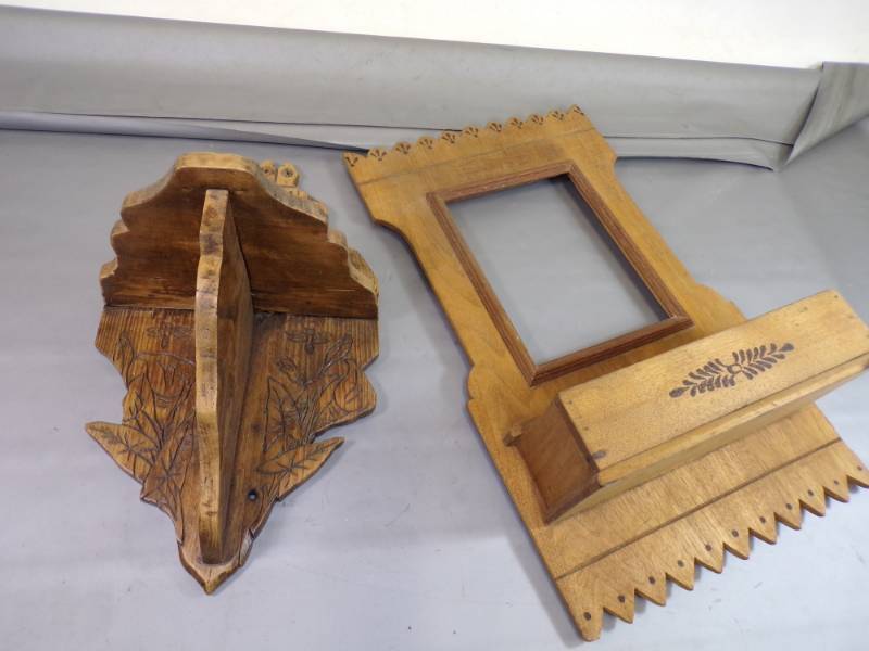 lot 70 image: 2 Primitive Carved Wood wall Shelves