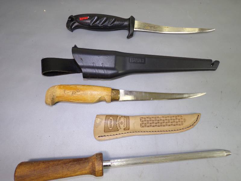 lot 163 image: Pair of Filet Knives and Knife Sharpener