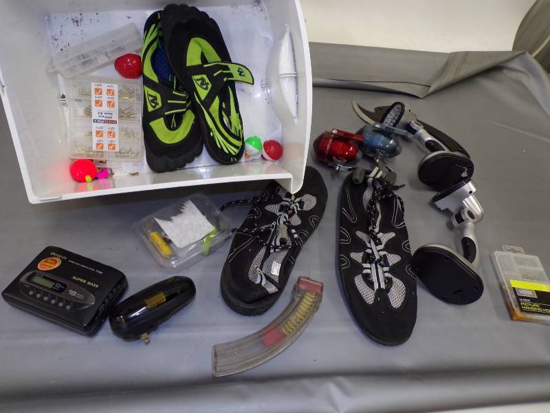 lot 173 image: Sports Lot with Water shoes, Knife, fishing reels and tackle, flashlights and more