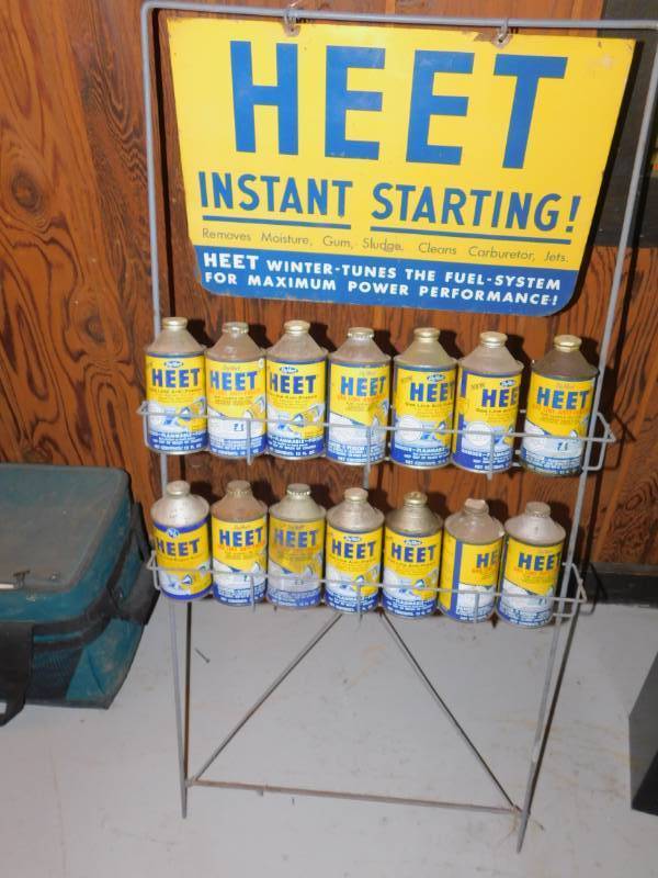 lot 6 image: Vintage Unopened Cans Of HEET and Stand