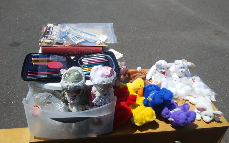 lot 32 image: Collection Of Beanie Babies & Other Plush, Collector Porcelain Dolls, Plastic Organizer With Knitting & Crochet Related