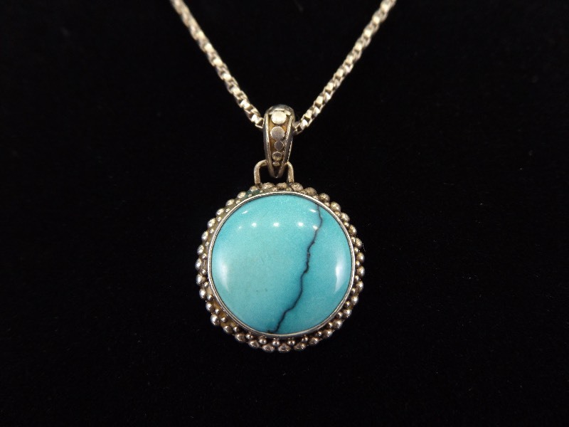 lot 2 image: .925 Sterling Silver Inlayed Turquoise Howlite Cabochon Pendant Necklace