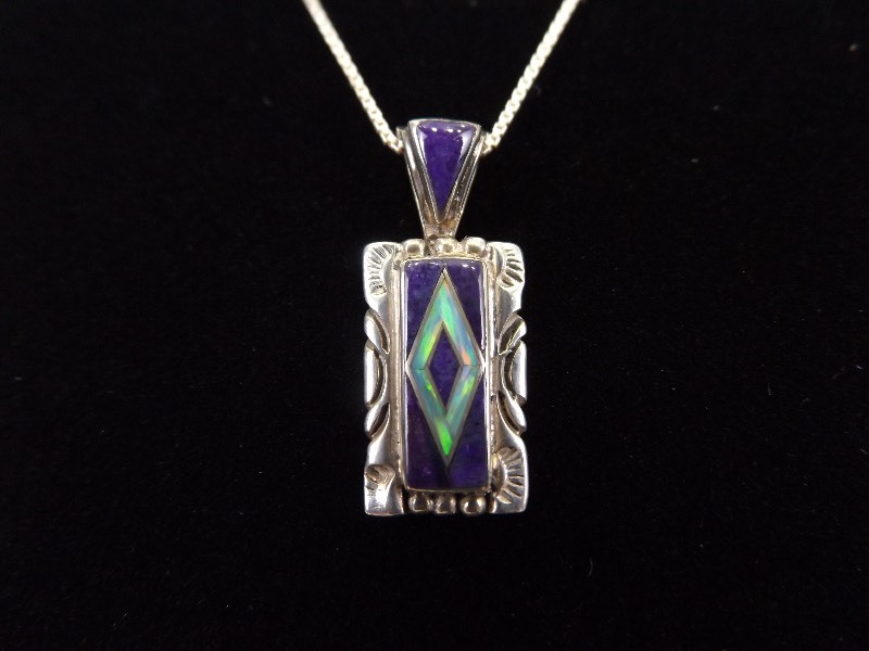 lot 10 image: .925 Sterling Silver Inlayed Opal and Charoite Navajo Pendant Necklace