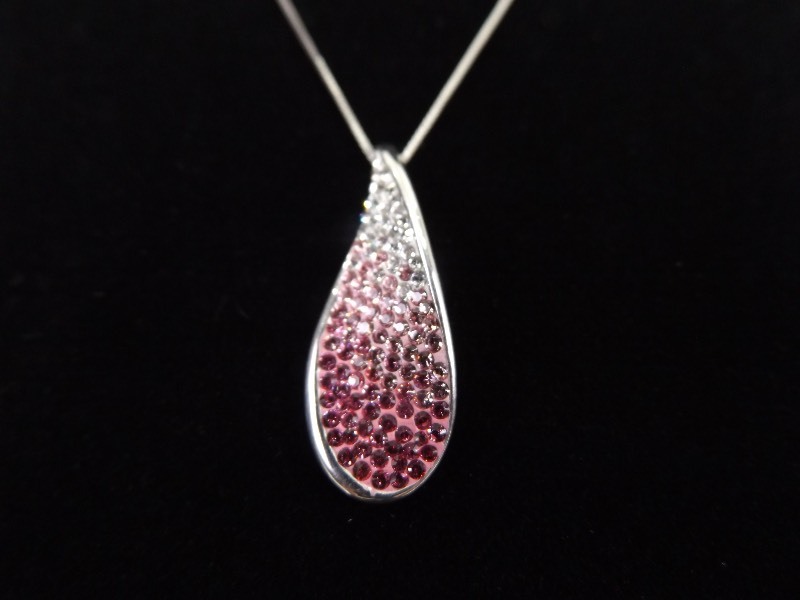 lot 13 image: .925 Sterling Silver Pink Gradient Crystal Leaf Pendant Necklace