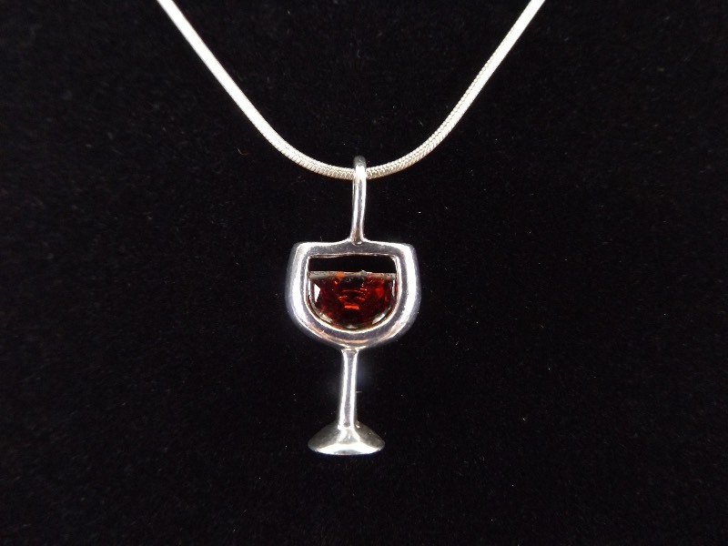 lot 14 image: .925 Sterling Silver Garnet Crystal Wine Glass Pendant Necklace