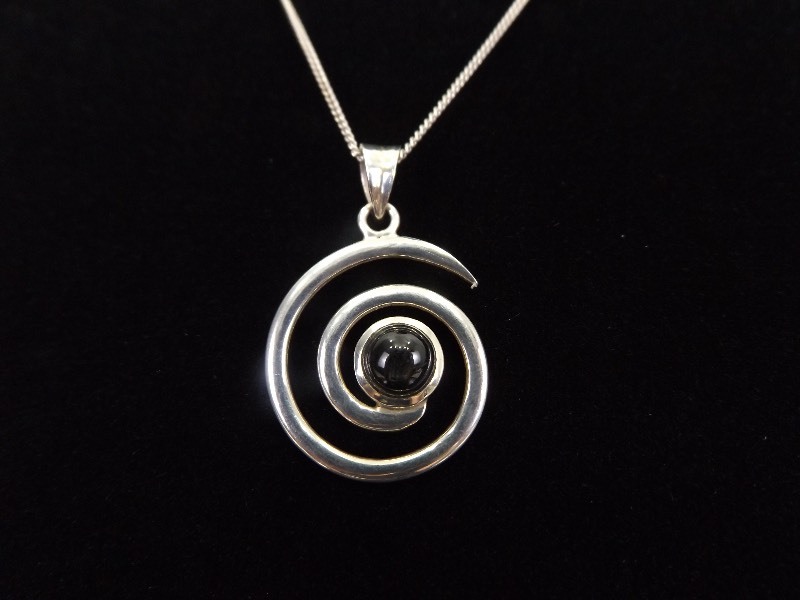 lot 23 image: .925 Sterling Silver&nbspObsidian Cabochon Artistic Swirl Pendant Necklace