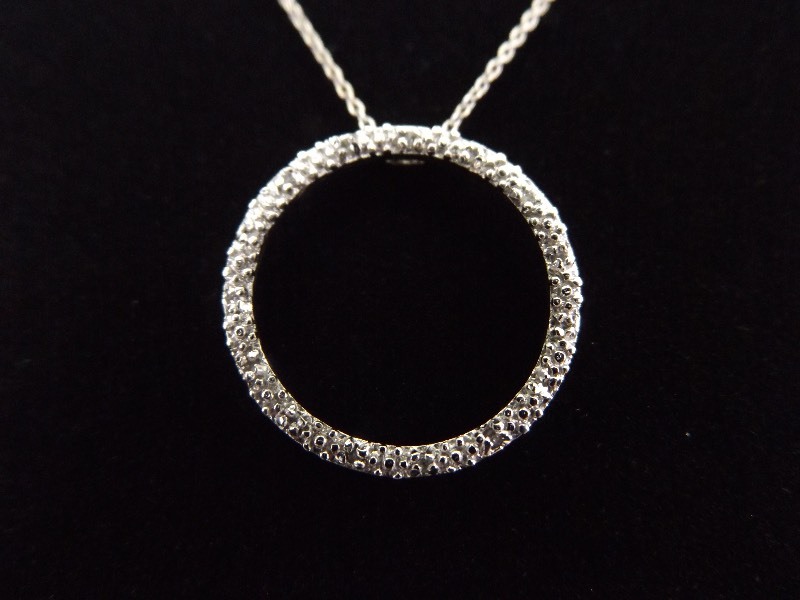 lot 24 image: .925 Sterling Silver Diamond Accented Hoop Pendant Necklace