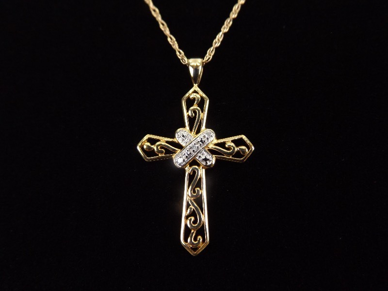 lot 28 image: .925 Sterling Silver Diamond Accented Vermeil Cross Pendant Necklace