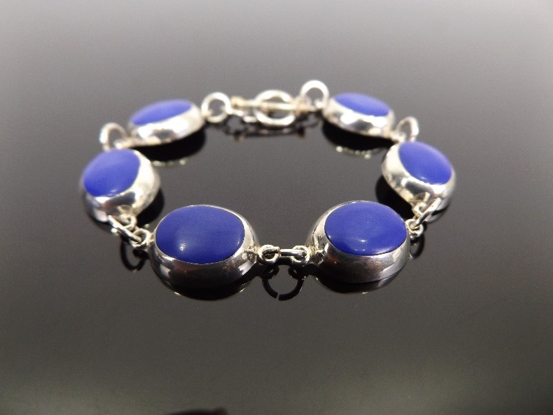 lot 35 image: .925 Sterling Silver Inlayed Blue Enamel Cabochon Bracelet