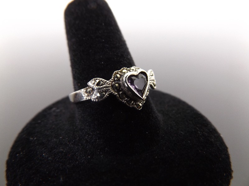 lot 64 image: .925 Sterling Silver Art Nouveau Amethyst Heart Ring Size 10