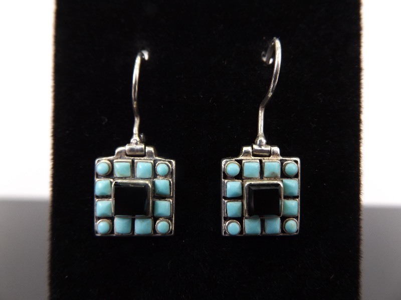 lot 73 image: .925 Sterling Silver Turquoise and Onyx Earrings