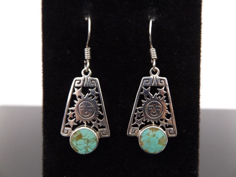 lot 74 image: .925 Sterling Silver Inlayed Turquoise Sun God Dangle Earrings