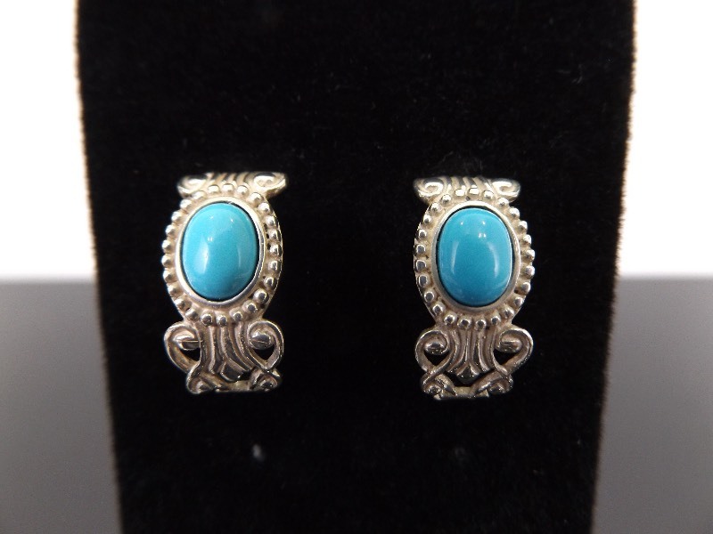 lot 78 image: .925 Sterling Silver Turquoise Enamel Cabochon Half Hoop Earrings