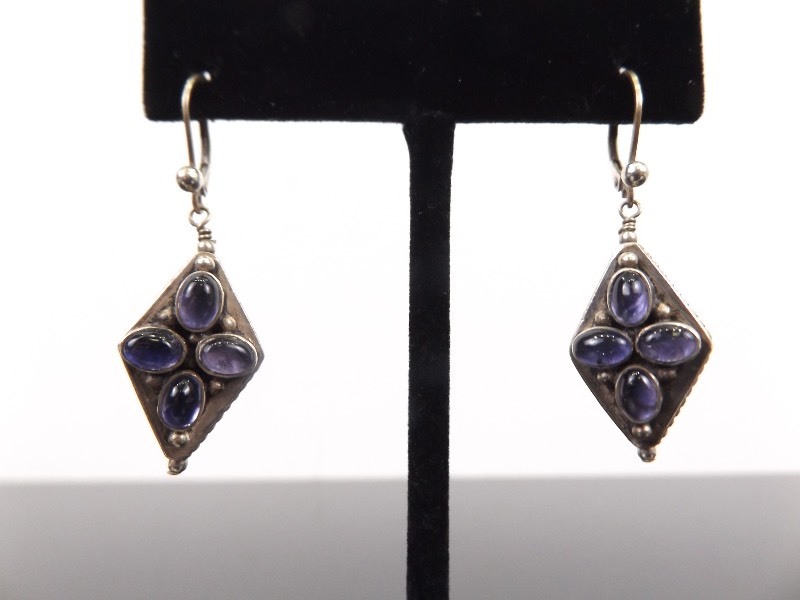 lot 82 image: .925 Sterling Silver 2 Sided Amethyst Cabochon Diamond Dangle Earrings