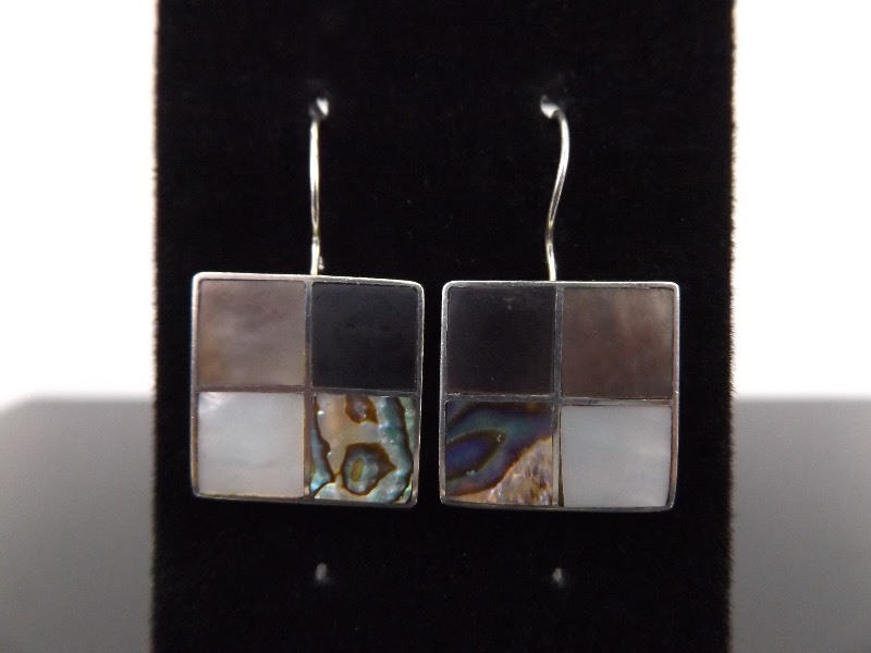 lot 85 image: .925 Sterling Silver Inlayed Shell Variety and Black Onyx Earrings